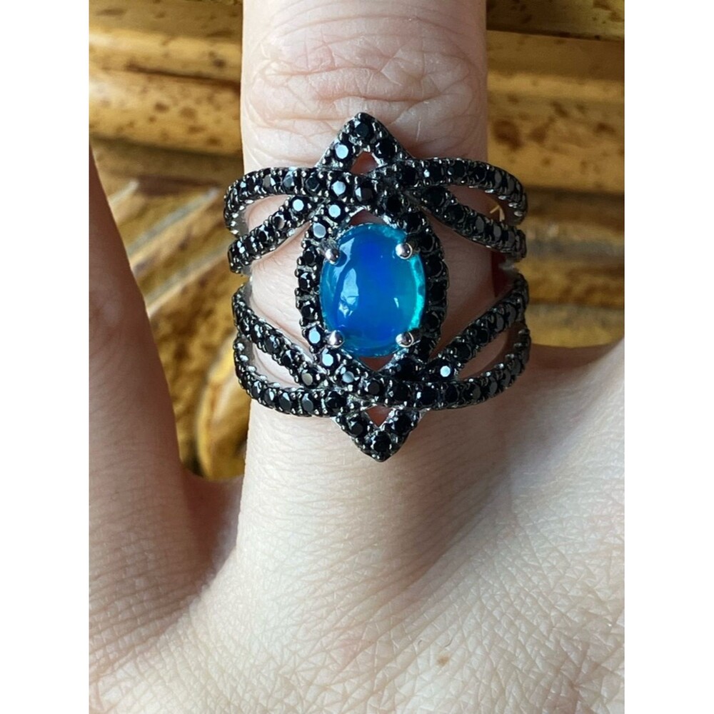 Blue Ethiopian Opal Black Spinel Sterling Silver Ring Size 7.75
